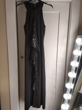 SLNY Black Sleeveless Evening Gown with Sequin Cascade